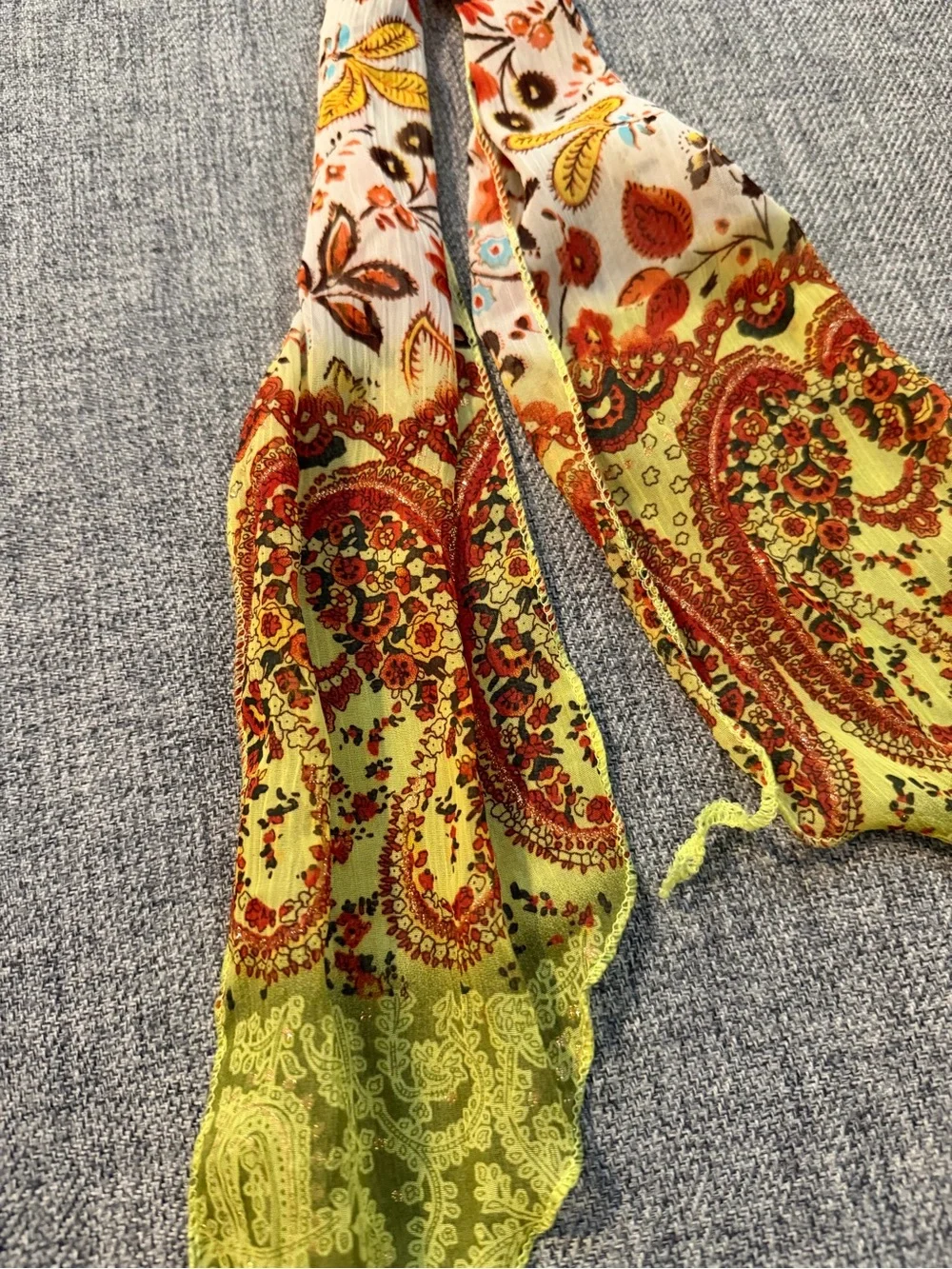 Paisley Print Green/Orange Silk Scarf Headband with shimmering threading